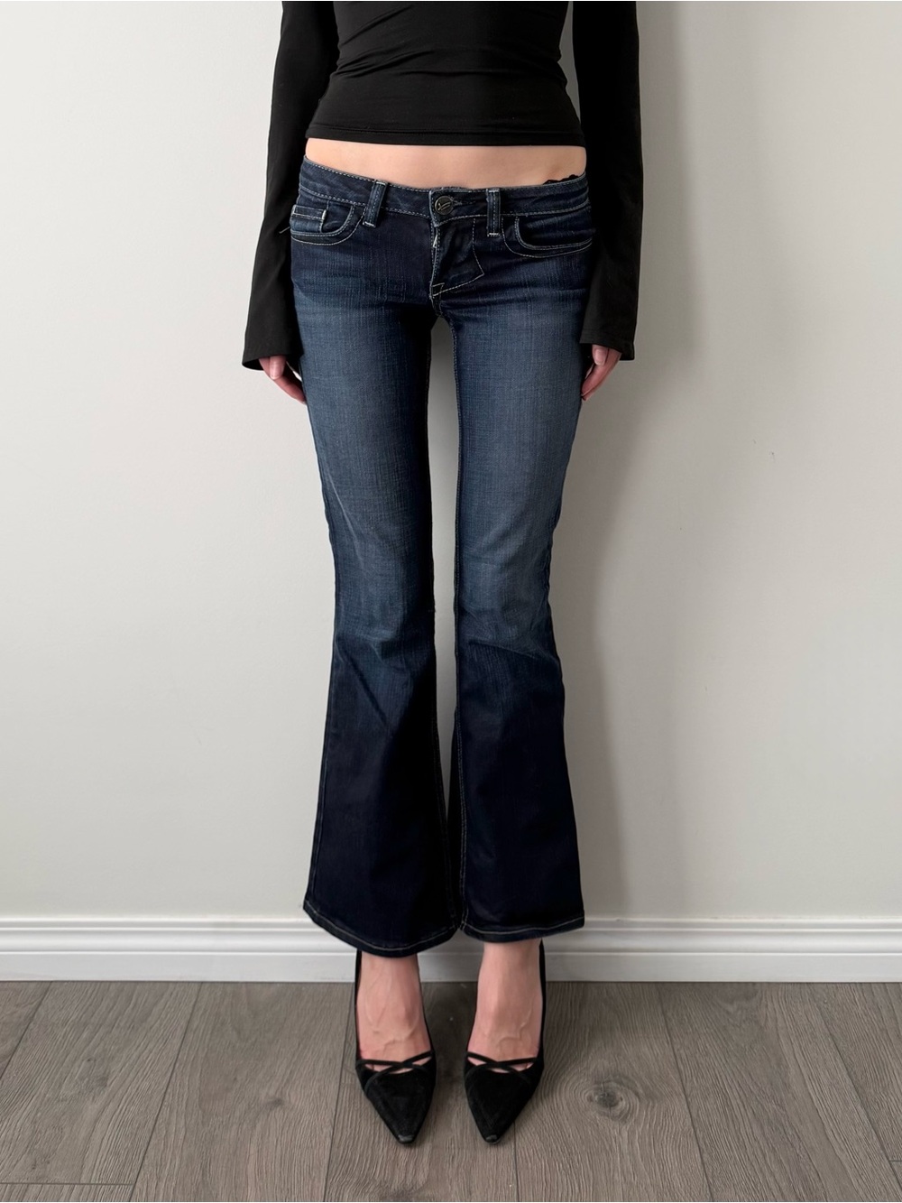 William rast dark wash low rise flared jeans